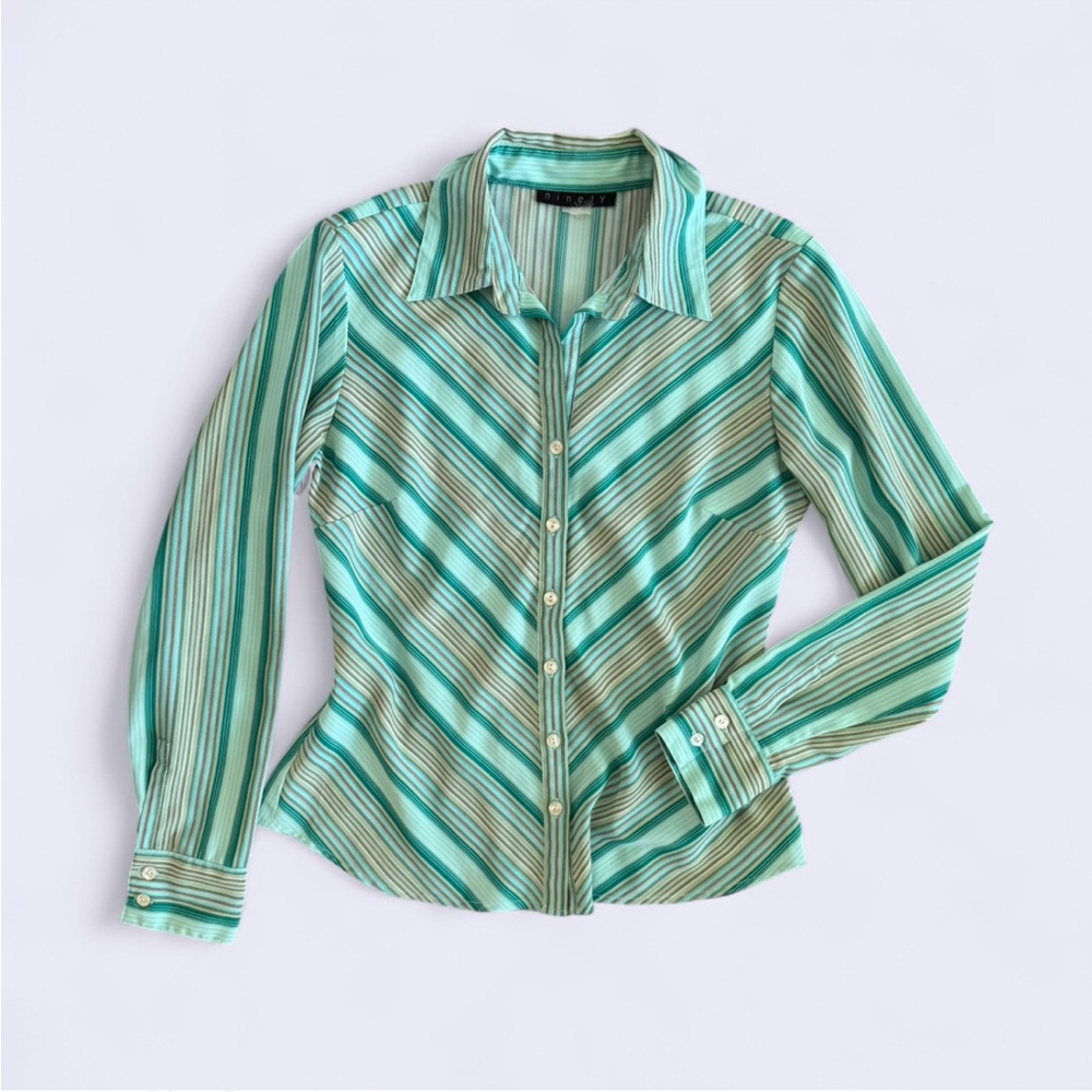 Vintage Teal & Blue Stripe Blouse Ninety M Retro Flowy Button Up